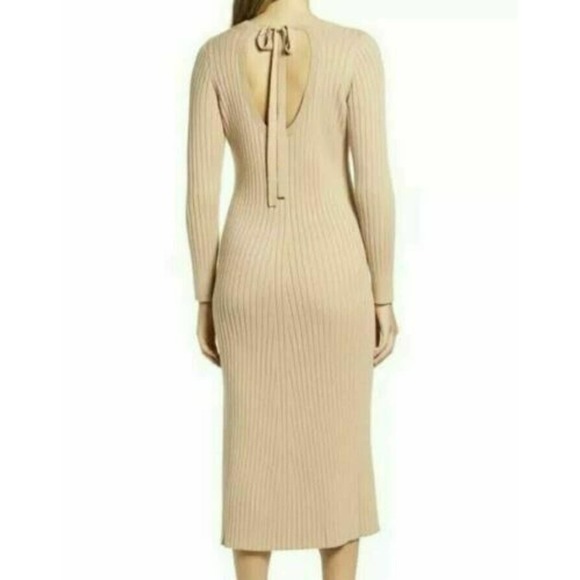 Wayf X Bff Hollie Women's Long Sleeve Crew Neck Bow Tie Sweater Dress Tan L, NWT - Picture 2 of 4